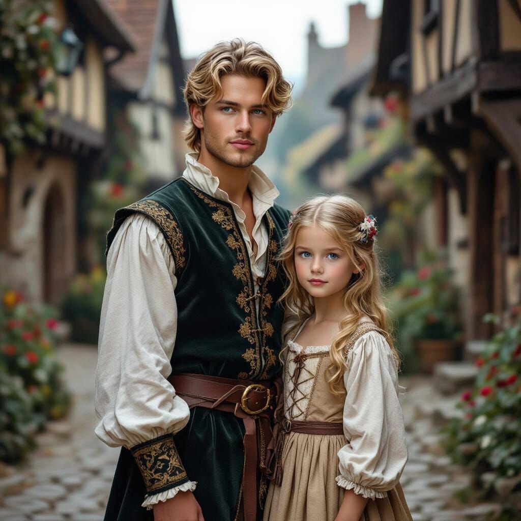 Elegant Siblings in Medieval Village, Renaissance Style