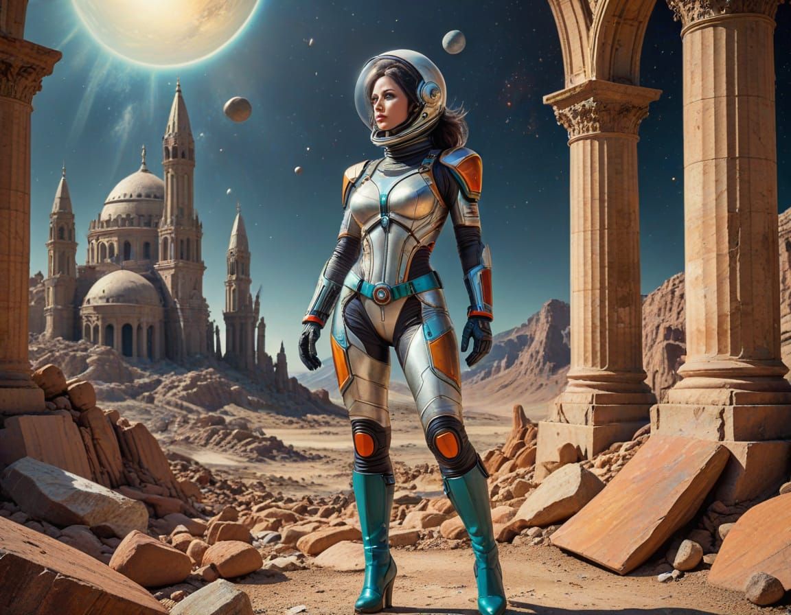 Retro Sci-Fi Pinup Girl on Alien Planet