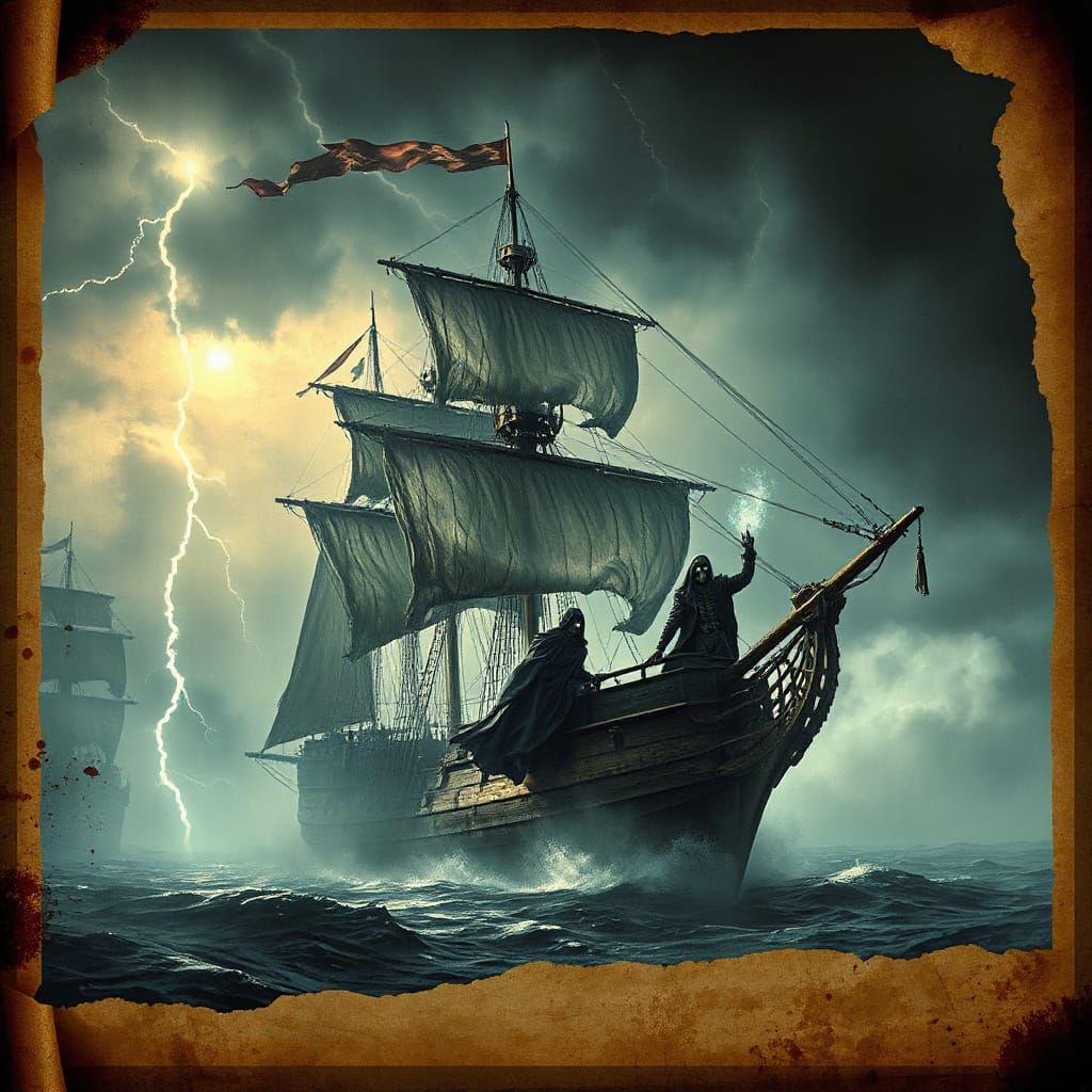 Ghostly Pirate Ship Illustration in Noir Lighting