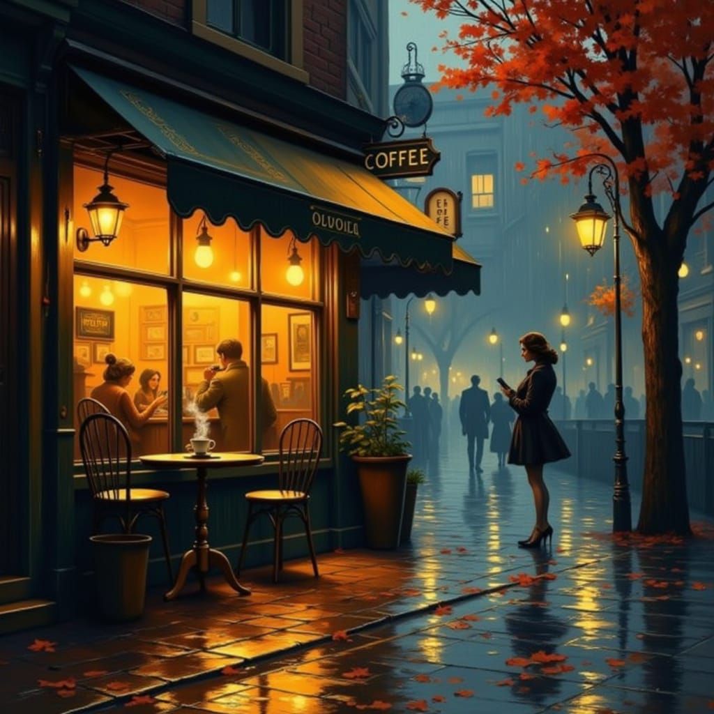 Cozy Coffee Shop on Rainy Night with Glowing Windows