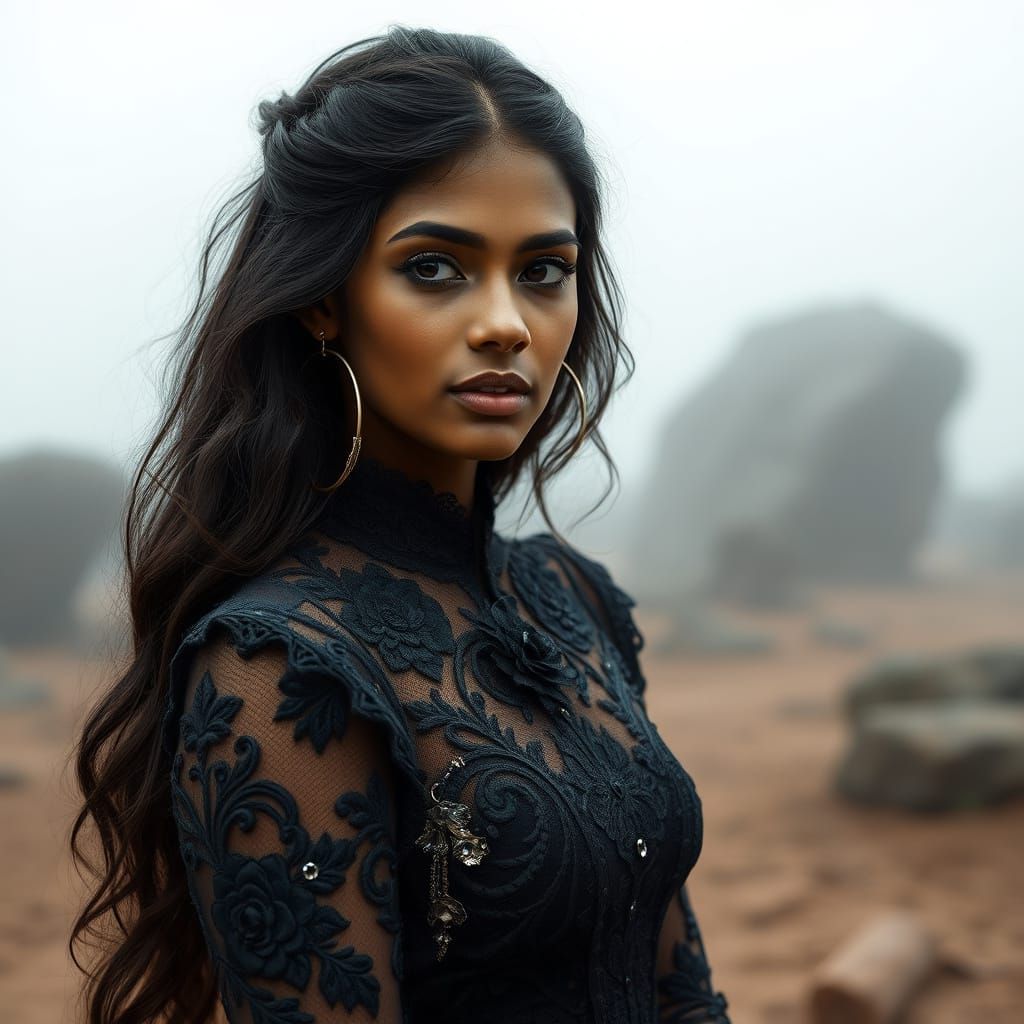 Chennai Woman in Black Lace Victorian Portrait