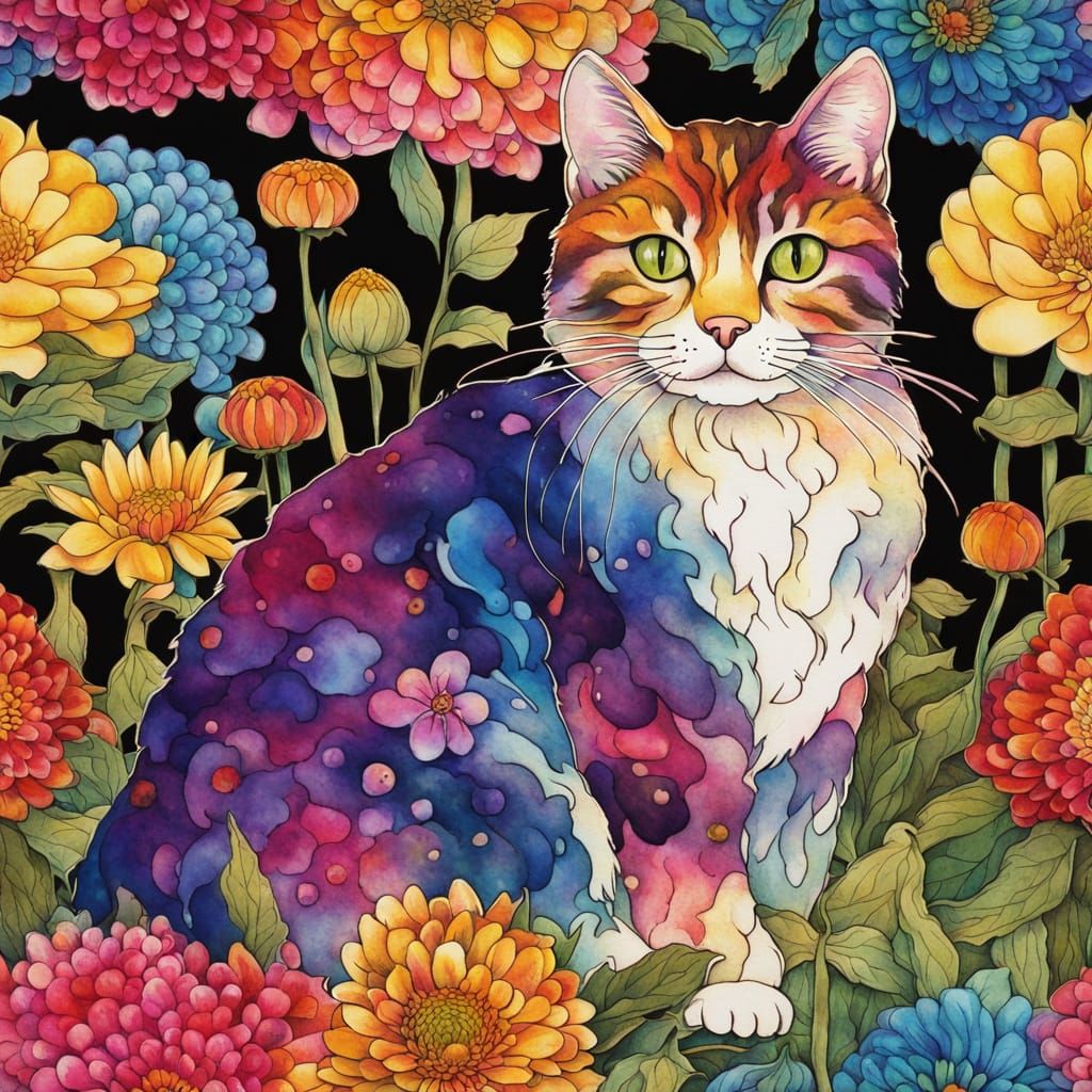 Kawaii Cat in Zinnia Field, Ukiyo-e Style