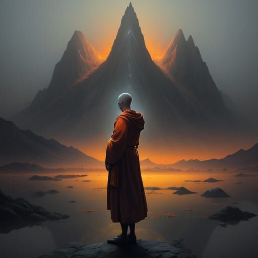 A Serene Chayula Monk Meditates in Dawn's Misty Glow
