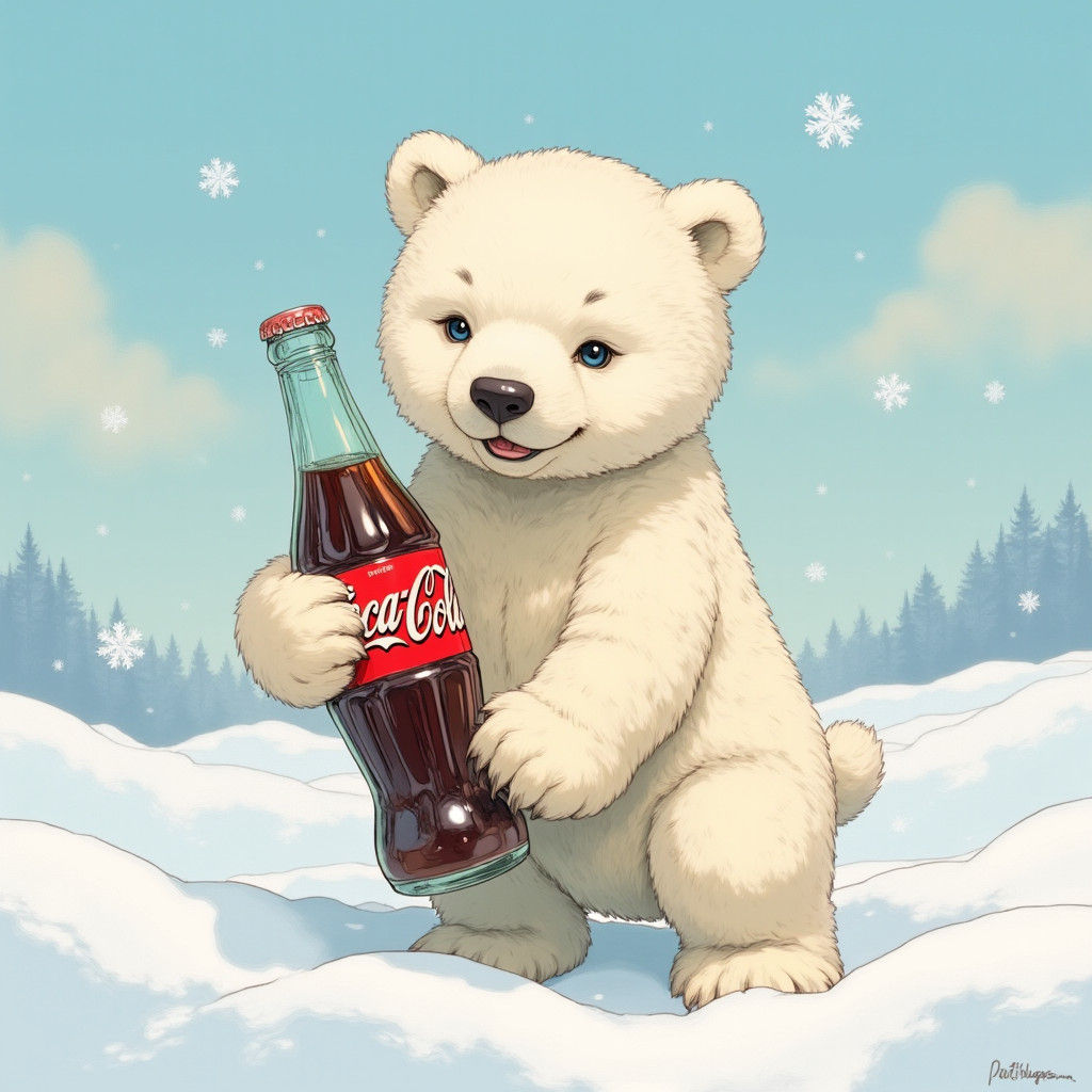 Polar Bear Cub with Coca Cola, Impressionist Style