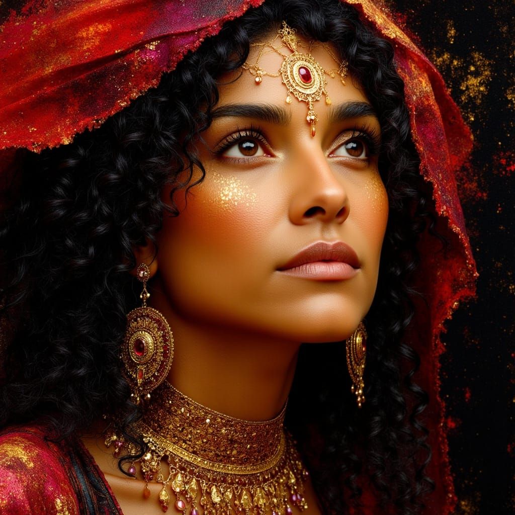 Surreal Spanish Goddess Gazing at Blood Moon in Dreamy, Gold...