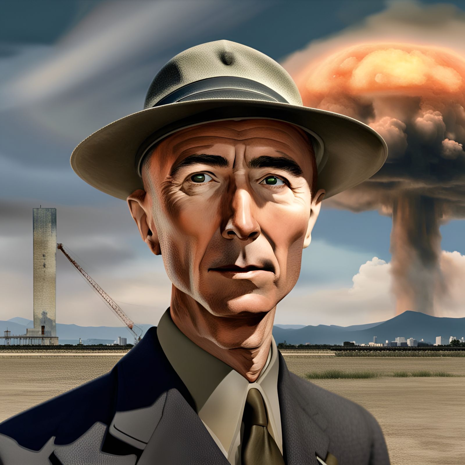 Oppenheimer Portrait with Atomic Cloud, Hyperrealistic HDR