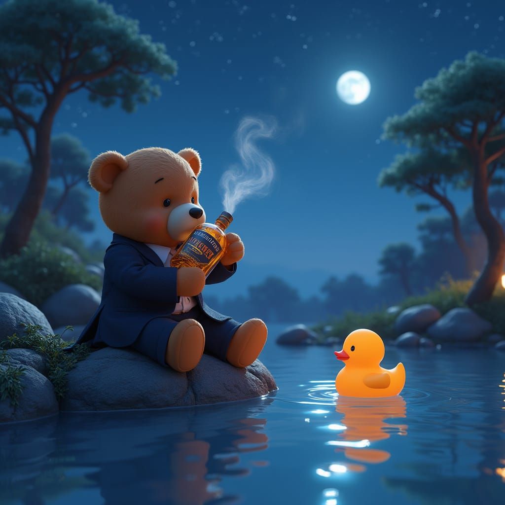 Stylish Teddy Bear Soaks in Starry Night Hot Tub