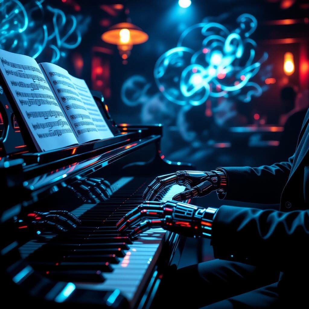 Cyborg Jazz Musician Plays Piano in Neon Club