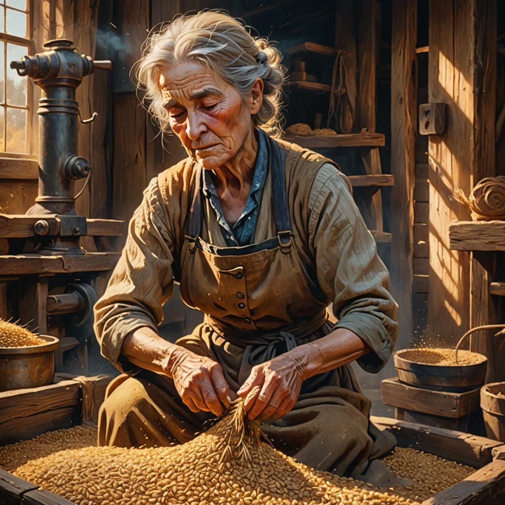 Old Woman Grinding Wheat: A Cinematic Oil Painting