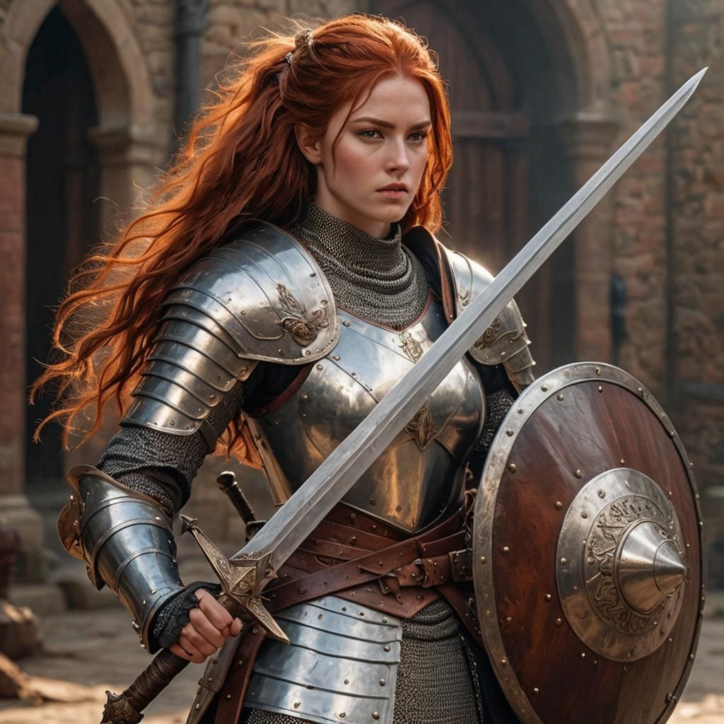 22 year old girl, long red hair, polished armour, thick leather belt, studded metal shield on left forearm, sword in rig...