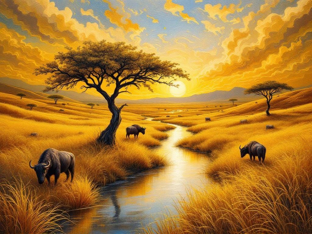 Golden Serengeti Landscape in Encaustic Wax Technique