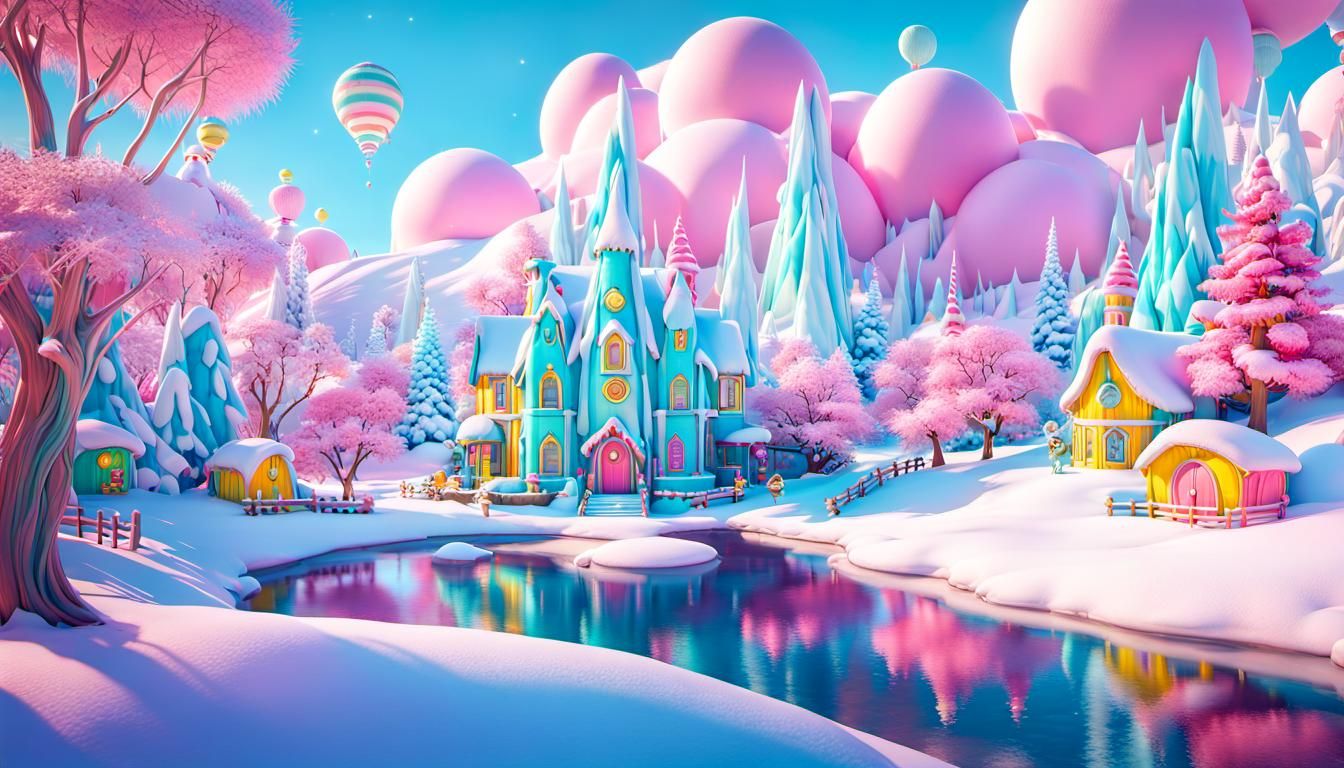 Magical Pastel Winter Wonderland in Candyland Art Style