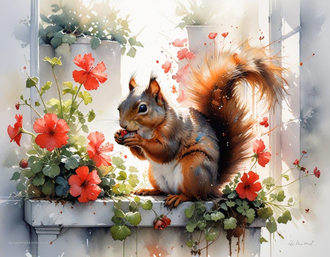 Chubby Squirrel Nibbling Nut on Sunlit Windowsill Planter