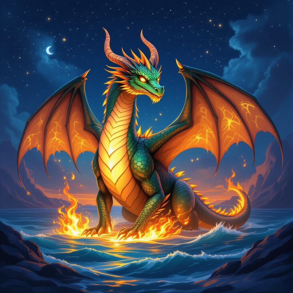 Bioluminescent Dragon of Starlight and Ocean Fire