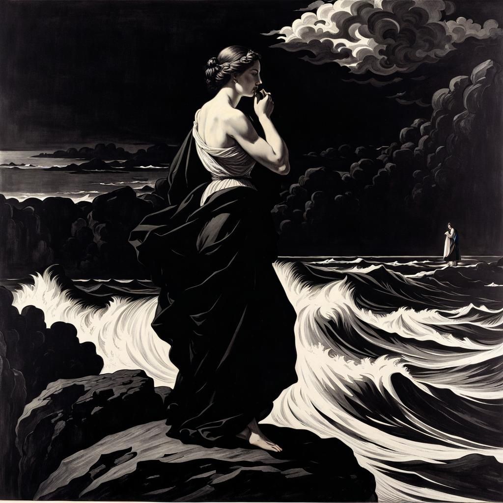 Woman on Cliff in Stormy Water, Ink Print