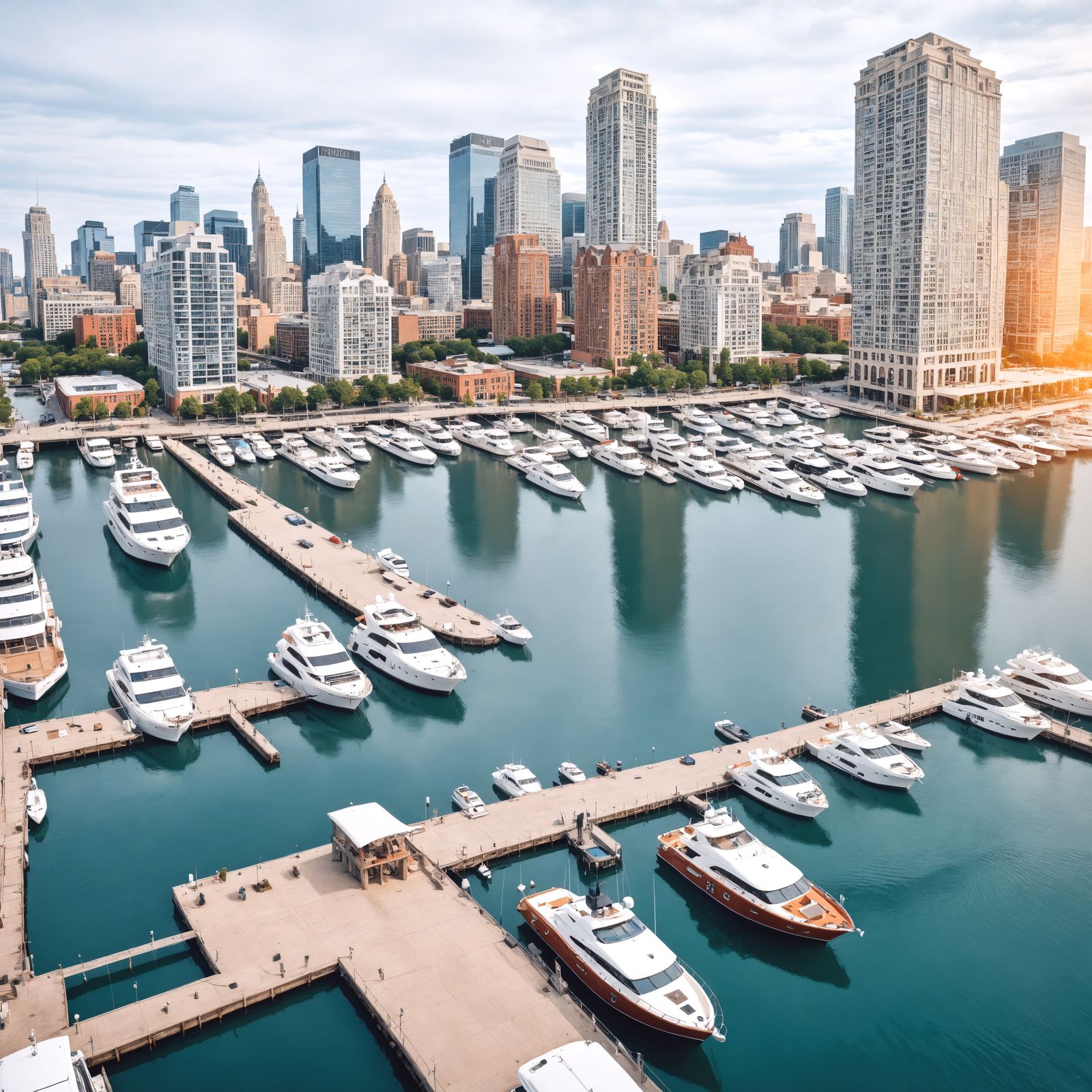 Hyperrealistic Downtown Cityscape with Boat Marina