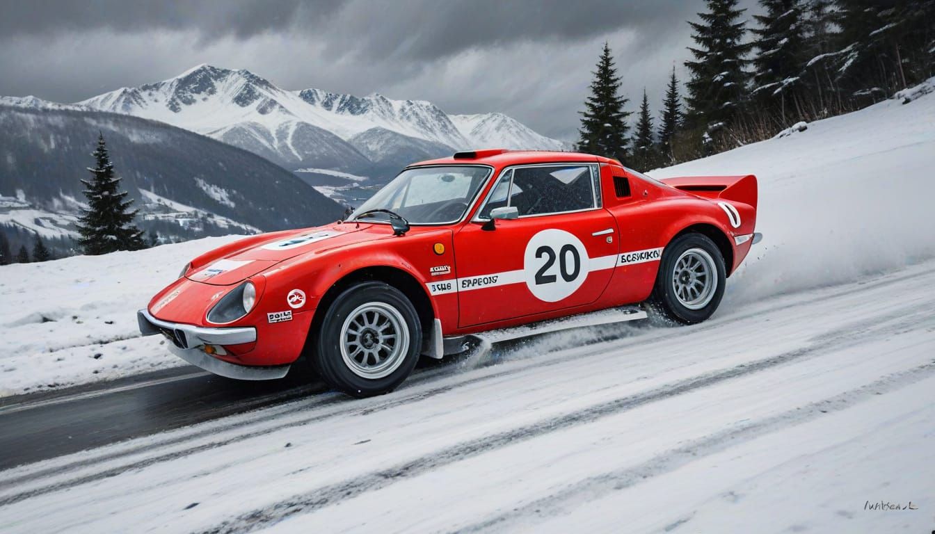 Red Alpine Rally Car Speeds Through Snowy Alps