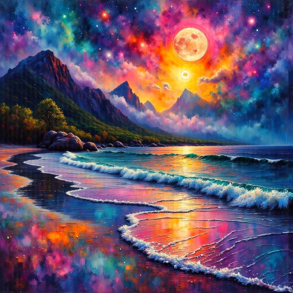 Moonlit Mountain Beach in Vibrant Colors