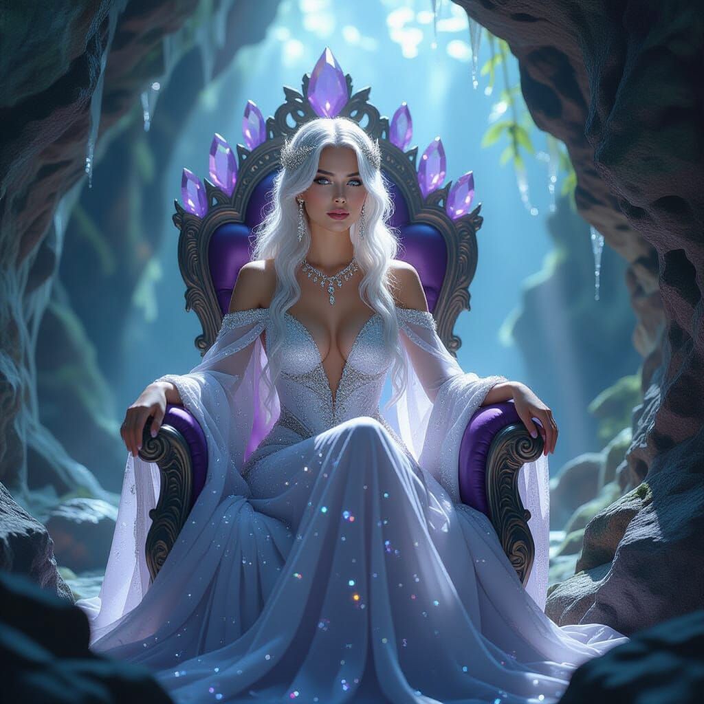 Goddess on Amethyst Throne in Grotto, Digital Matte Painting