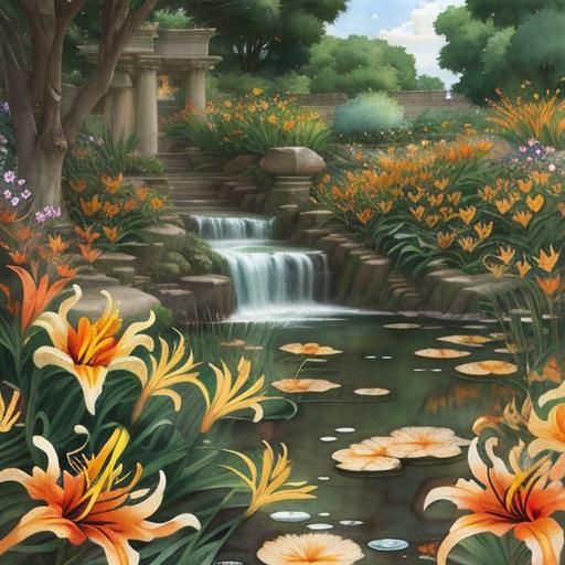 Garden of Dreams in Waterhouse-Inspired Anime Watercolor