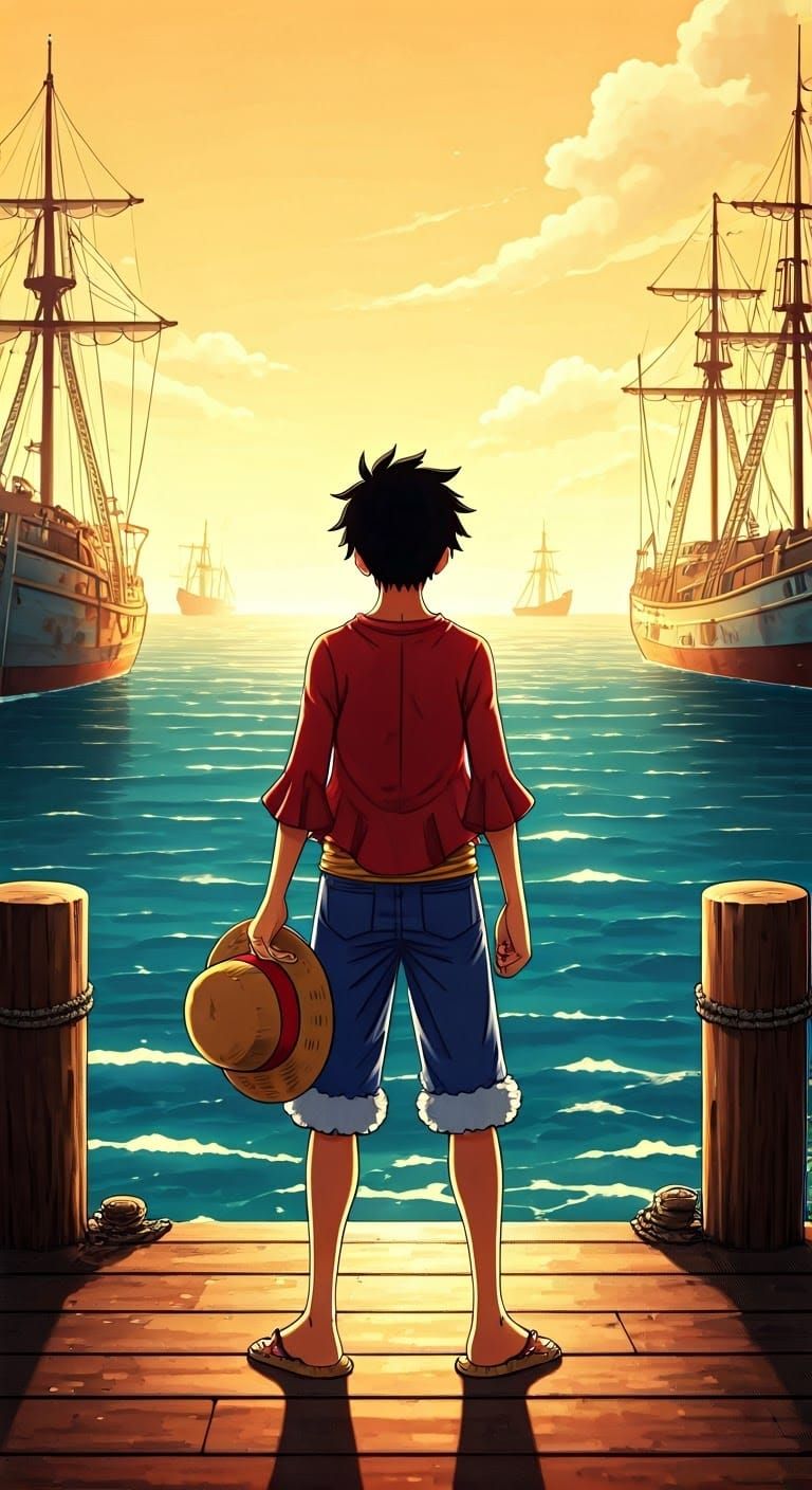 Luffy Contemplates the Ocean in a Bustling Maritime Port