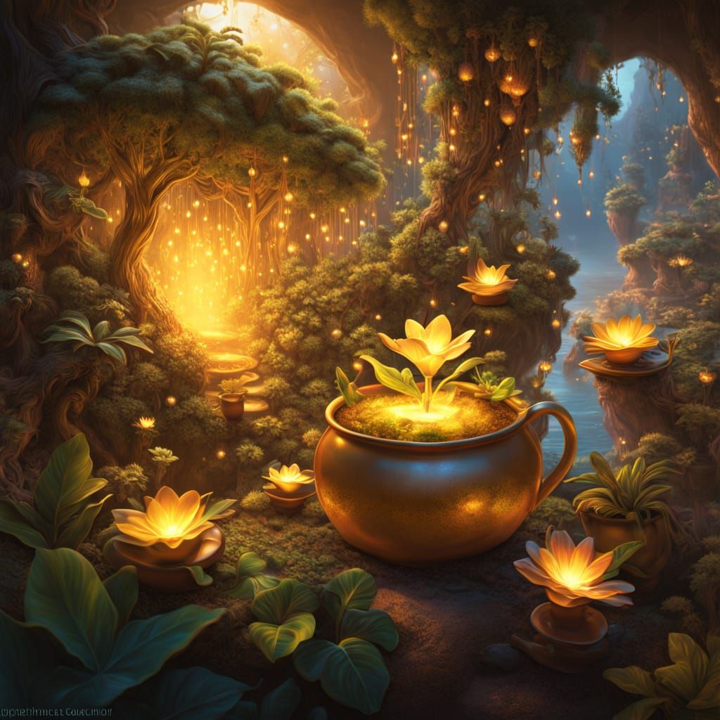 A translucent glowing plant in a pot in the magical cove of ...