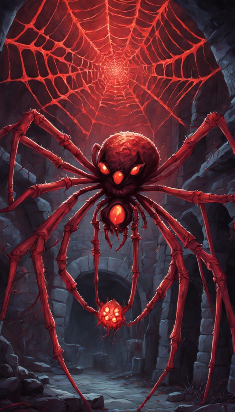 Eye-Covered Spider Weaving Crimson Web in Crypt