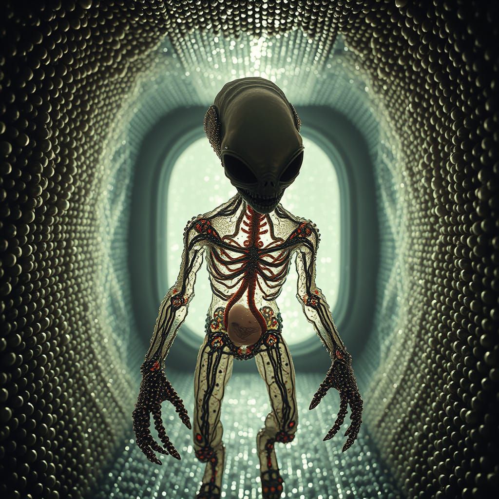 Surreal Beaded Alien in Biomechanical Room