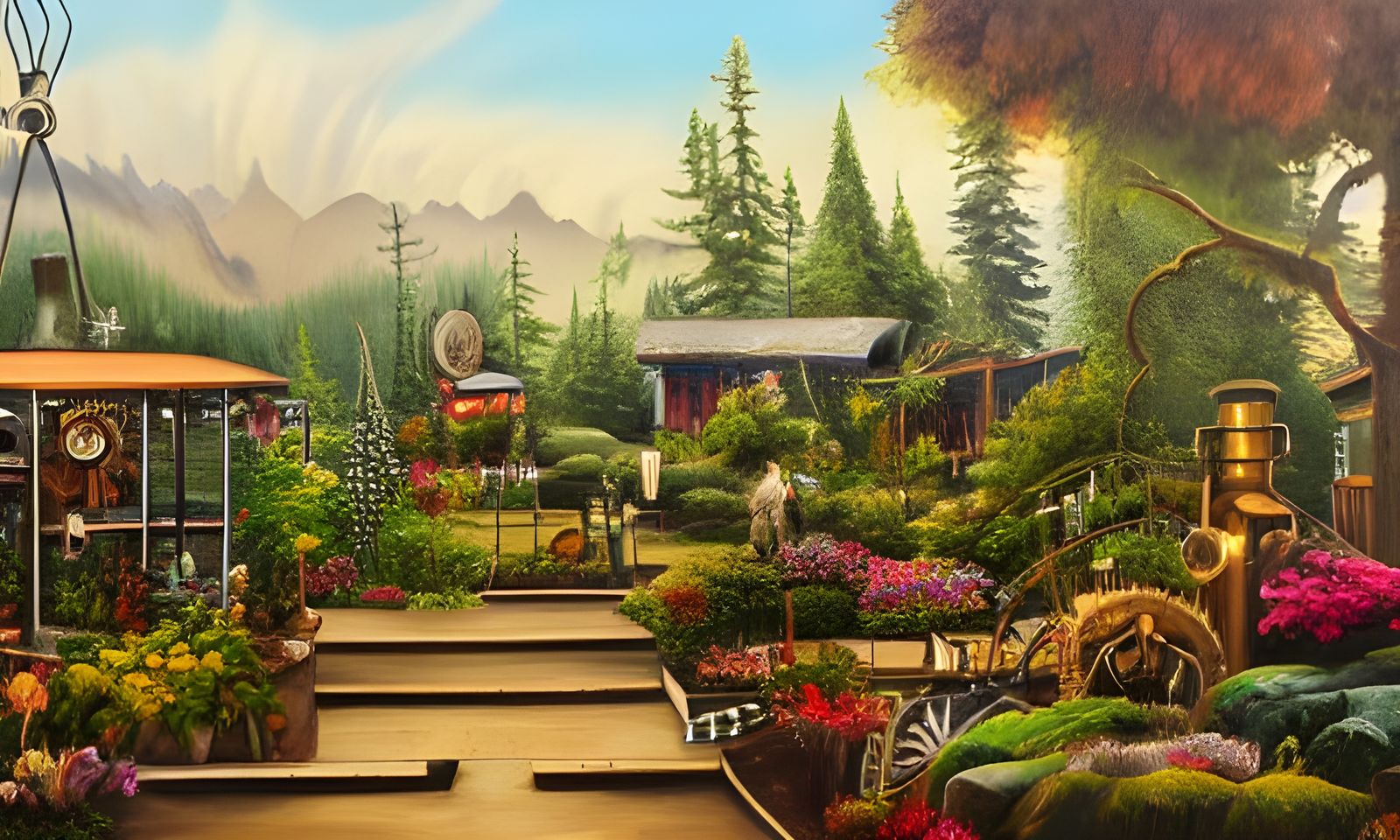 Steampunk Garden Center Oil Painting, Pacific Northwest