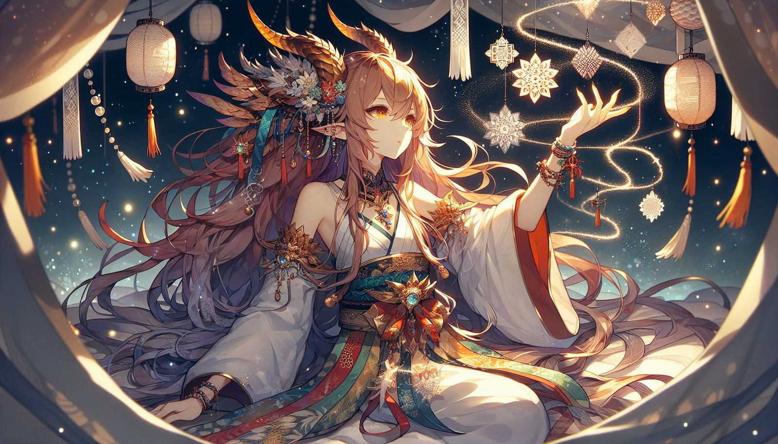 Anime Dragon Girl Casting Magic in Starry Room