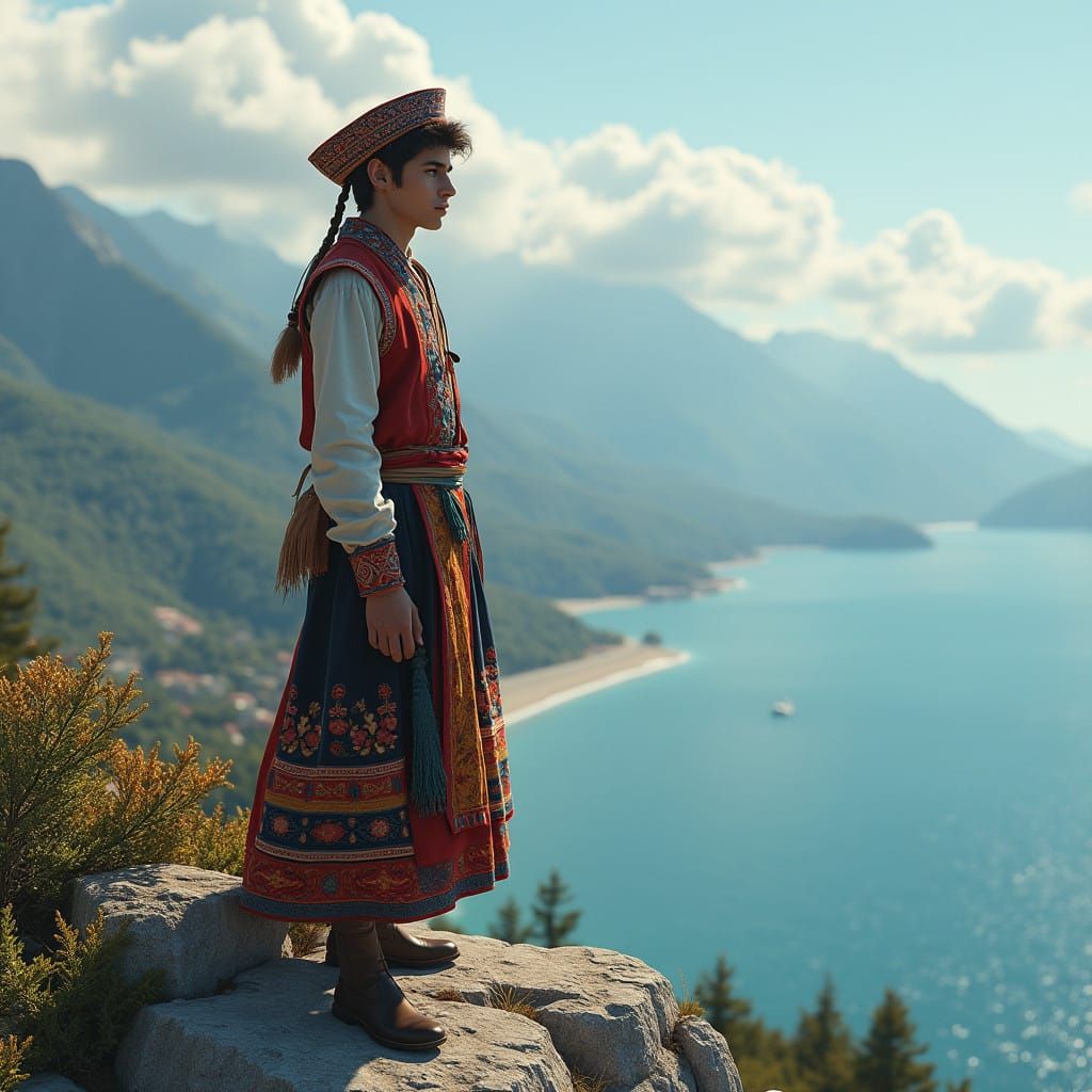 Young Man in Traditional Caucasus Attire Stands on Mountain ...
