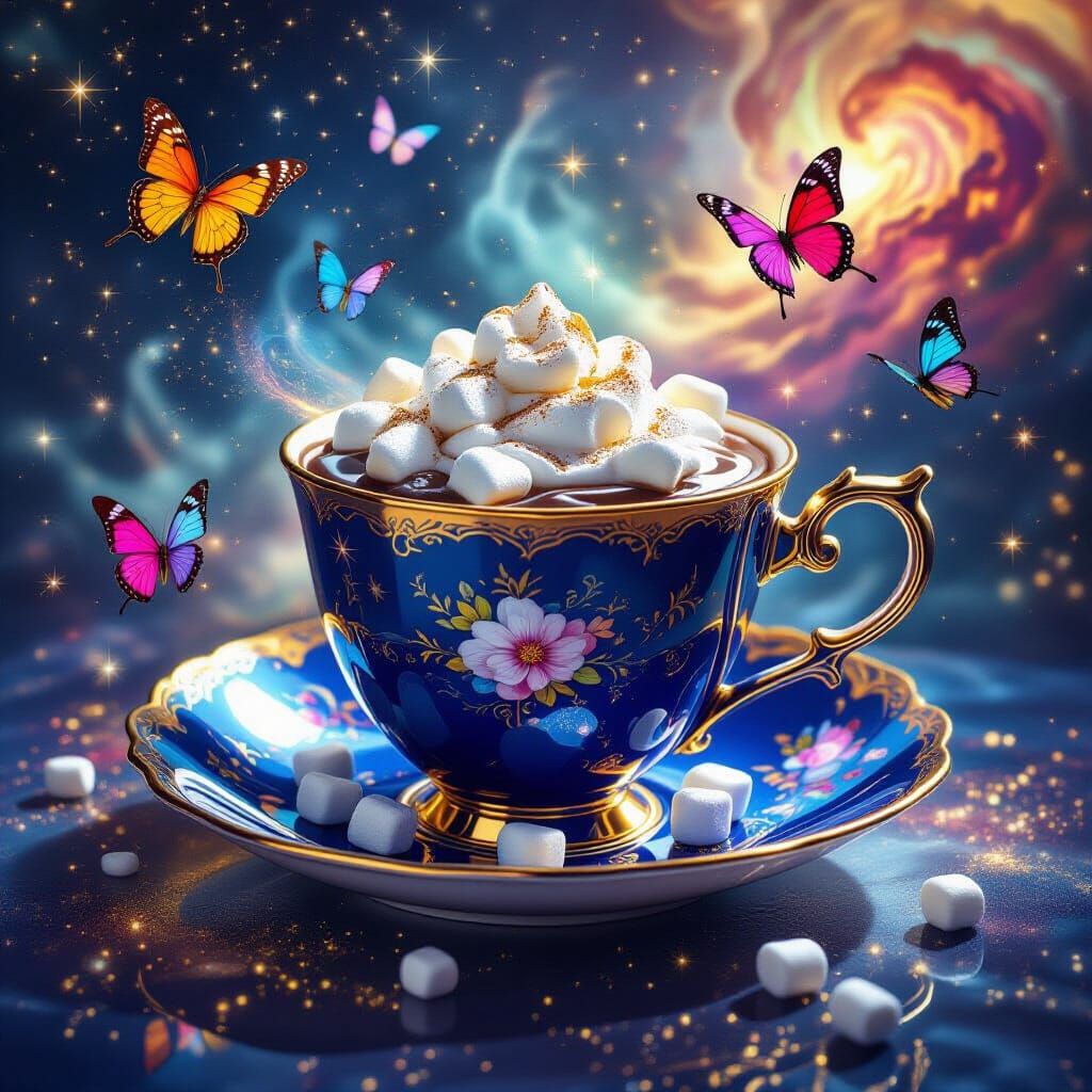 Surreal Royal Blue Tea Cup with Hot Chocolate and Butterflie...