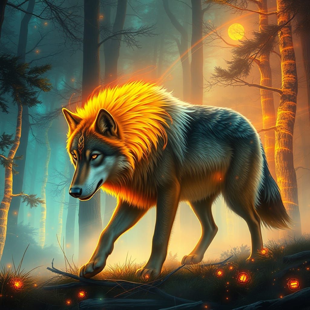 Majestic Wolf Walks Amidst Enchanted Forest with Electric Au...
