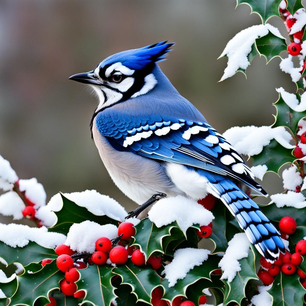Blue Jay on Holly Tree in Winter