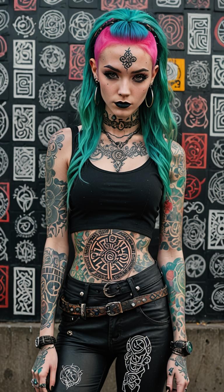 A tattooed woman with bright hair and dark clothes