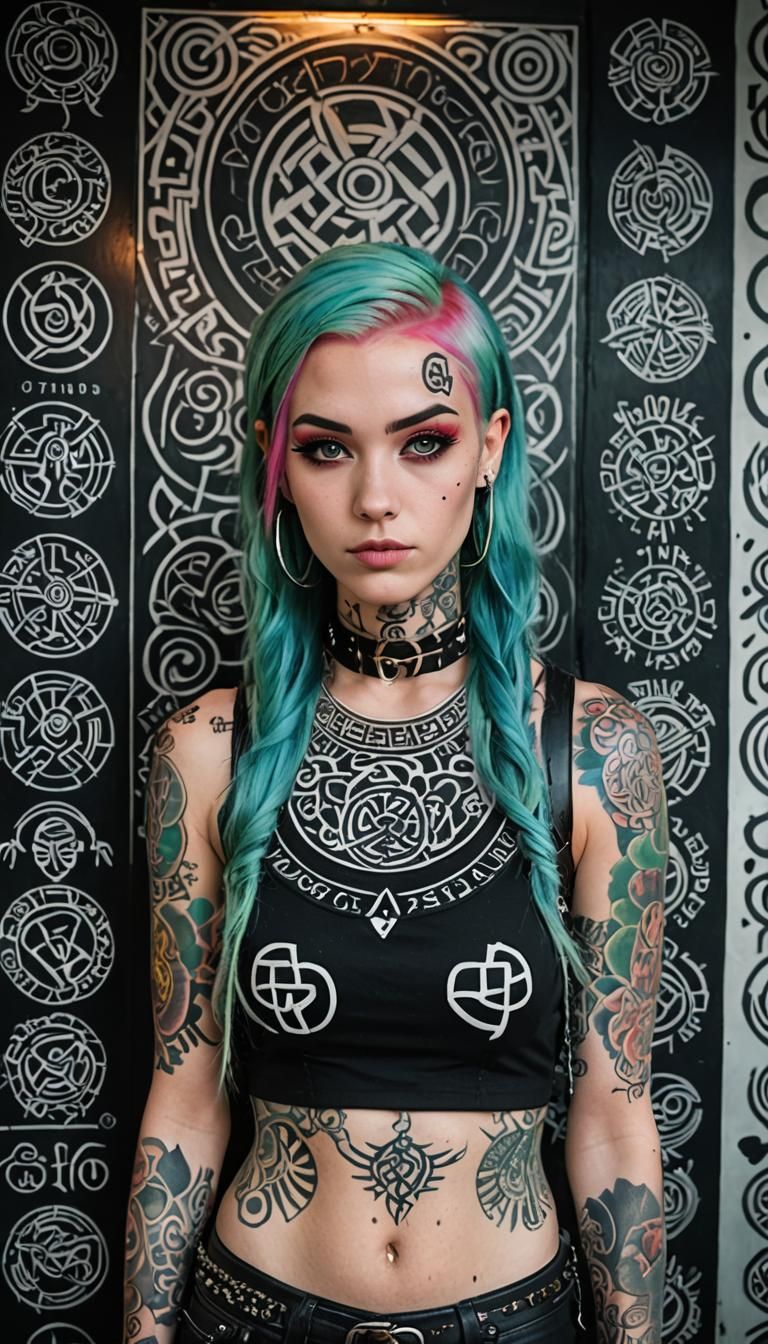 A tattooed woman with bright hair and dark clothes
