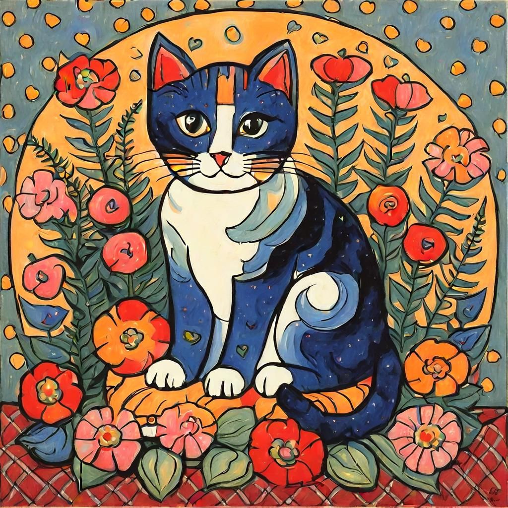 Cat Surrounded by Flowers in Naive Art Style