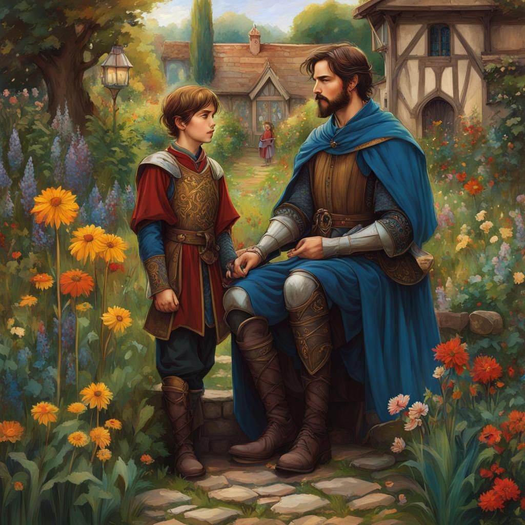 Medieval Father and Son in Anime Fairytale Garden