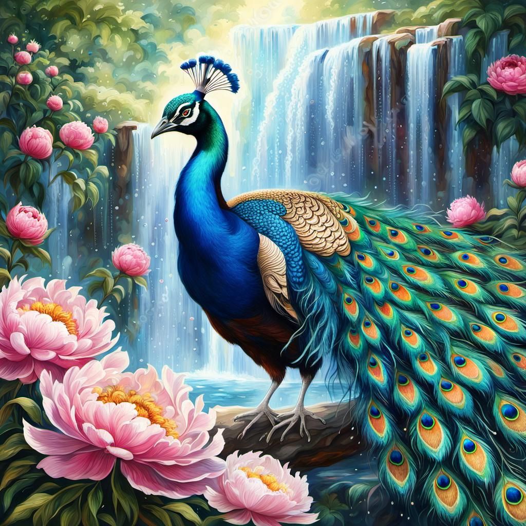 Photorealistic Peacock Spreading Feathers in Digital Paintin...