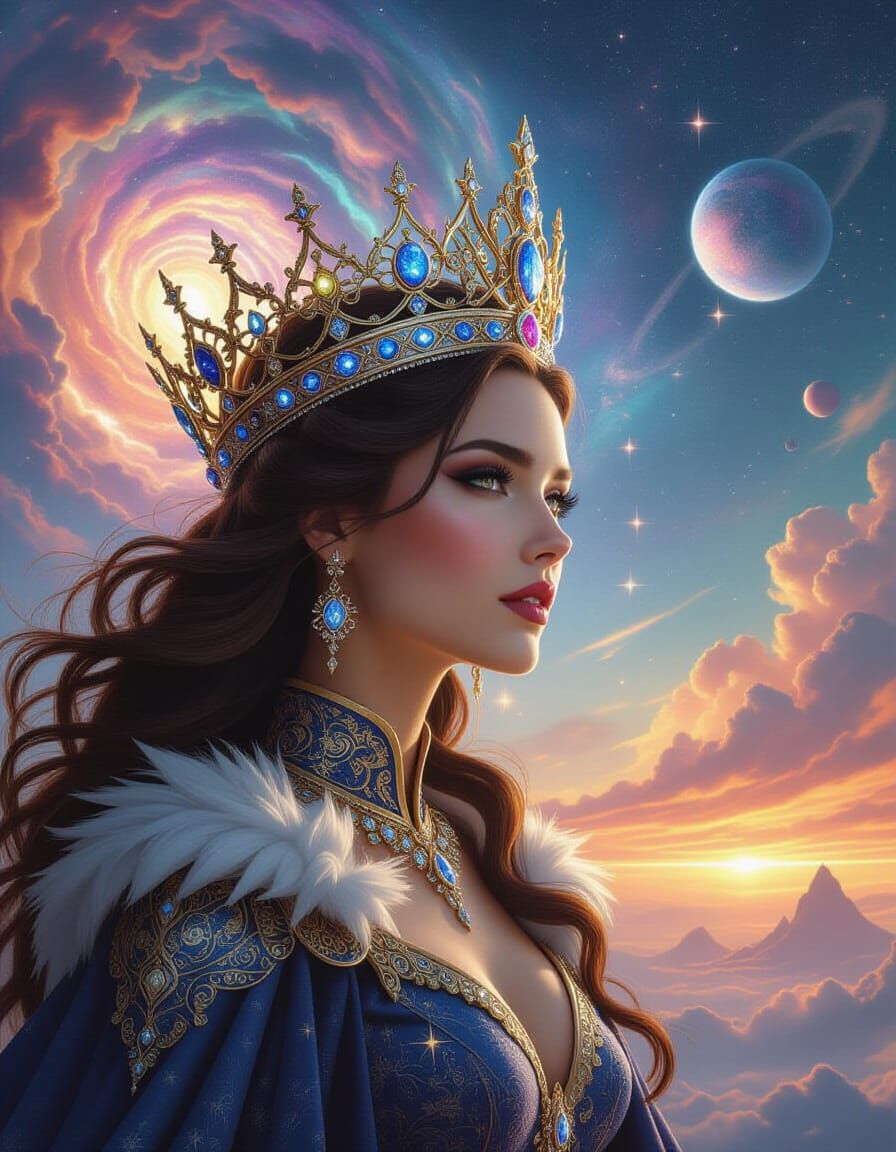 Regal Queen with Moonlight Crown Gazes at Galaxy