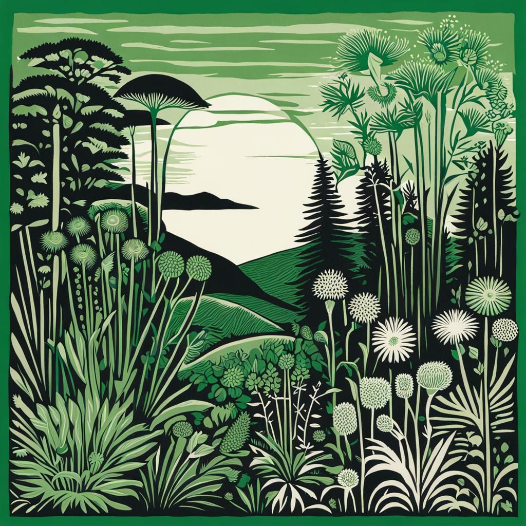 Lush Garden Scene in Linocut Print Style