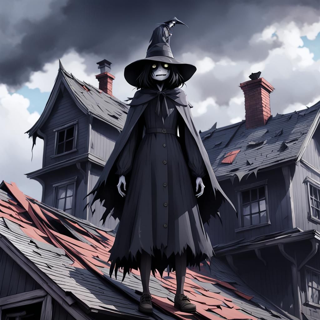 Anime Babadook Girl on Horror House Roof