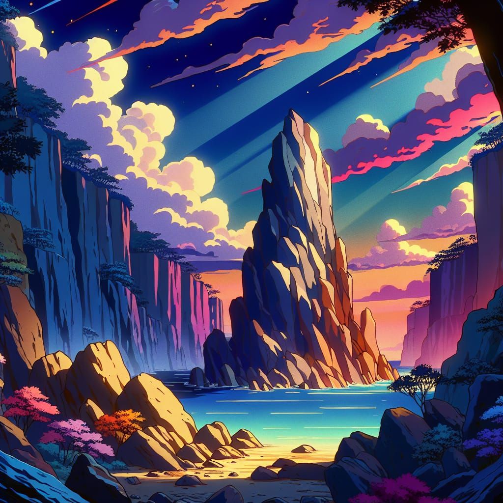 Anime-Style Rock Wallpaper in Cel-Shaded Flat Design