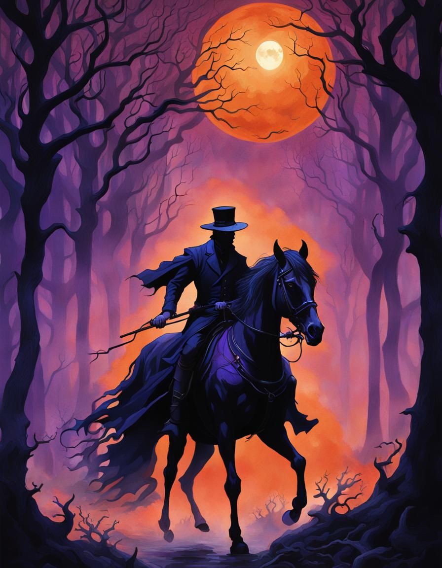 Headless Horseman in Misty Forest: Dark Fantasy Art