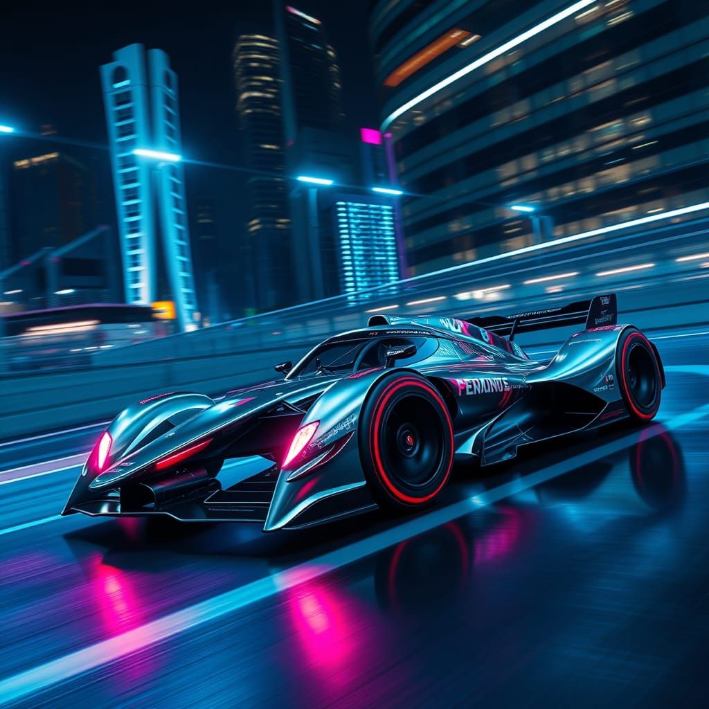 Futuristic F1 Car Races on Neon City Track