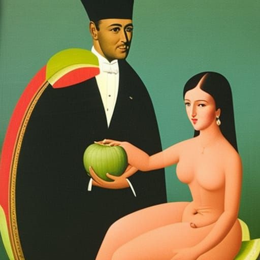 Surreal Fruit Still Life with Man Contemplating Banana