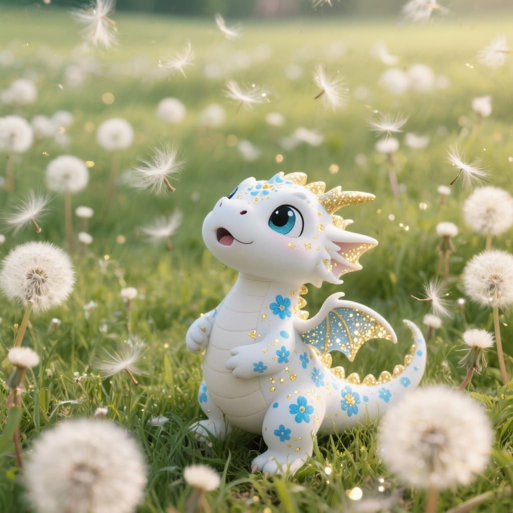 Friendly Dragon Amazed by Dandelion Seeds