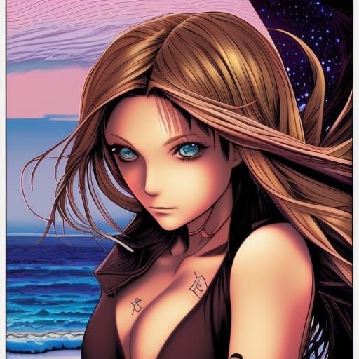 Beautiful Manga Girl on Surfboard Beach in Comic Book Art