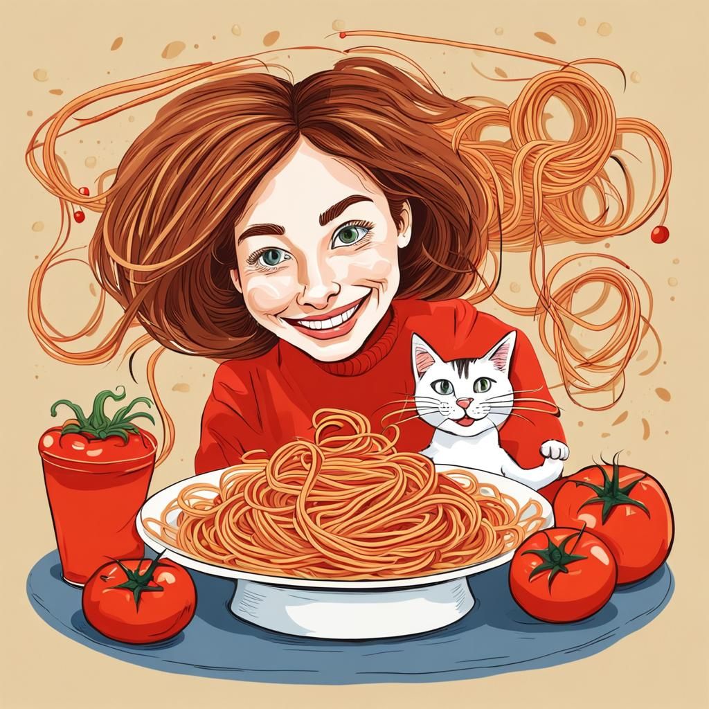 Funny Young Woman with Spaghetti Cat Caricature