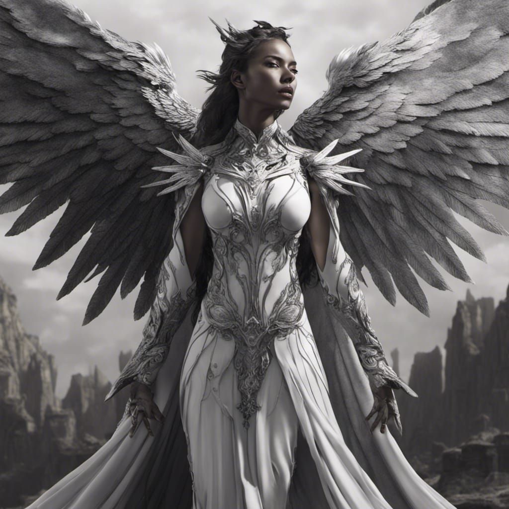 Black and White Woman with Wings in Matte Painting